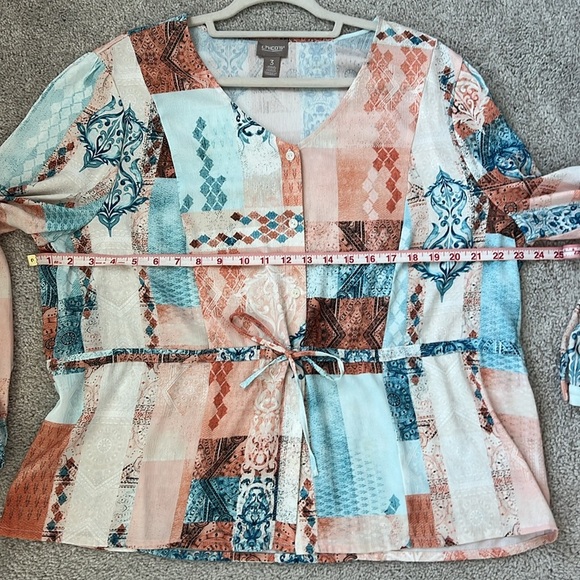 Chico’s Orange and Blue Patchwork Long Sleeve Tie Front Blouse size XL - Picture 4 of 5